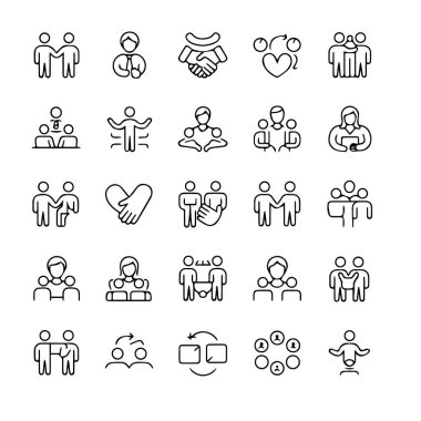 Takım çalışması, işbirliği ve iş ilişkilerini temsil eden basit çizgi simgeleri kümesi, beyaz arka plan teknolojisi arka planında izole edilmiş