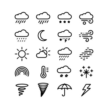 Beyaz arka plan teknolojisinde izole edilmiş güneş, bulutlar, yağmur, kar, ay, rüzgar, kasırga, şimşek ve şemsiye ikonlarının toplanması
