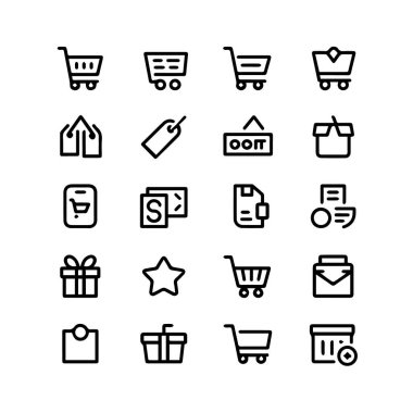 Alışveriş arabası, etiket, hediye kutusu, yıldız, çanta ve fiyat etiketi de dahil olmak üzere alışveriş ve ekomünikasyon simgeleri, beyaz arka plan teknolojisi arka planında izole