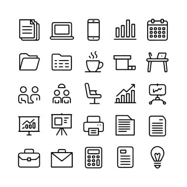 Belge, laptop, telefon, çizelge, dosya, klasör, kahve, masa, insanlar, sandalye, yazıcı, evrak çantası ve beyaz arka plan teknolojisinde izole edilmiş ampul de dahil olmak üzere bir dizi iş ve ofis simgesi