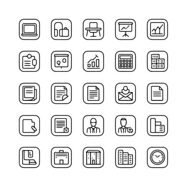 Beyaz arkaplan teknolojisi arka planında izole edilmiş, ızgara düzeninde iş ve ofis simgelerinin toplanması