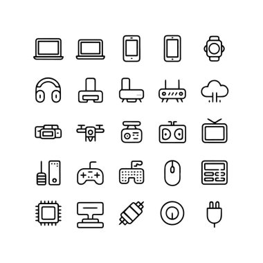 Beyaz arkaplan teknolojisi arka planında izole edilmiş, bir ızgaradaki teknoloji ve aygıt simgeleri