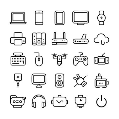 Dizüstü bilgisayar, akıllı telefon, yazıcı, yönlendirici, drone, gamepad, vr kulaklık, kulaklık ve güç düğmesi de dahil olmak üzere teknoloji ve aygıt simgeleri beyaz arka plan teknolojisinde izole edilmiştir.