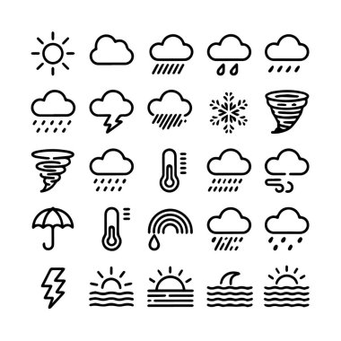 Güneş, bulutlar, yağmur, kar, termometre, kasırga, şimşek, gökkuşağı ve okyanus dalgaları gibi hava ikonları beyaz arka plan teknolojisinde izole edilmiştir.