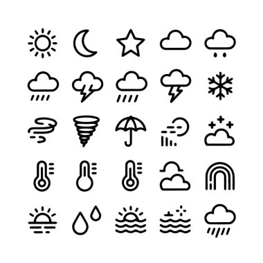 Güneş, ay, bulutlar, yağmur, kar, rüzgar, kasırga, şemsiye, termometre, gökkuşağı ve gündoğumu gibi hava simgelerinin toplanması beyaz arka plan teknolojisinde izole edilmiştir.