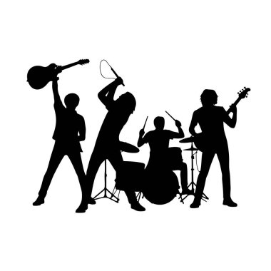 Sahnede çalan bir rock grubunun silueti ve beyaz arka planda izole edilmiş bir enerji.