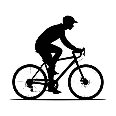 Beyaz arka planda izole edilmiş bisiklet süren bir bisikletçinin silüeti, spor salonu ve açık hava aktivitesi