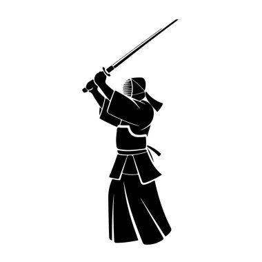Bir kendo dövüşçüsünün silueti, bir shinai ile güçlü bir saldırıyı gösteriyor.