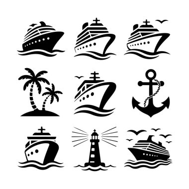Yolcu gemileri, palmiye ağaçları ve deniz feneri vektör grafik tasarımı içeren bir dizi deniz simgesi.