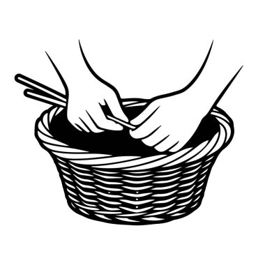 Çubuklarla sepet ören eller.