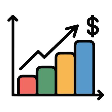 Yükselen ok ve dolar işareti olan bir çubuk grafiğinin renkli çizimi