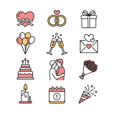 Beyaz arkaplanda izole edilmiş düğün simgeleri koleksiyonu, özel gün için davetiyeler ve dekorasyonlar için mükemmel