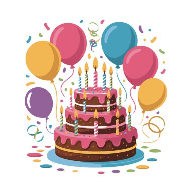 Üç katlı, mumlarla süslenmiş ve beyaz arka planda izole edilmiş renkli balonlarla çevrili hoş bir pasta.