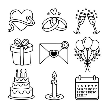 Bir vektör illüstrasyonunda beyaz arkaplanda izole edilmiş düğün ve kutlama simgeleri koleksiyonu