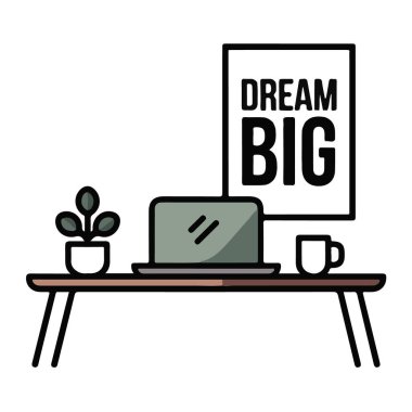 Beyaz arka planda dizüstü bilgisayarı, bitkisi ve motivasyon afişi olan rahat bir çalışma alanı çizimi