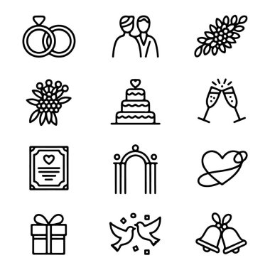 Beyaz arka planda izole edilmiş aşk, bağlılık ve kutlama simgelerinin toplanması