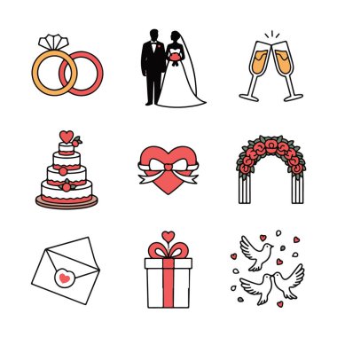 Düğün simgeleri, düğün konsepti ve tasarım için vektör çizgisi simgelerinin beyaz arkaplan koleksiyonuna izole edildi