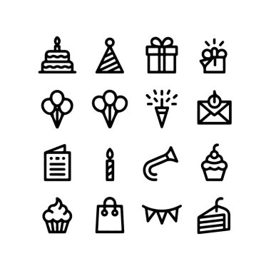 Doğum günü partisi simgeleri, doğum günü kavramı ve tasarımı için vektör çizgisi simgelerinin beyaz arkaplan koleksiyonuna izole edildi