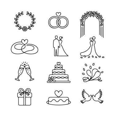 Beyaz arkaplanda izole edilmiş zarif düğün simgeleri var. Davetiyeler ve tasarım projeleri için minimalist tarzda mükemmel.