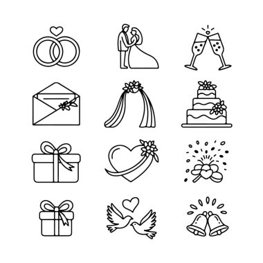 Büyüleyici düğün simgeleri beyaz arkaplanda izole edilmiş, davet ve tasarım projeleri için ideal minimalist tarzda