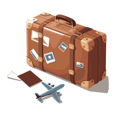 Beyaz arka planda izole edilmiş seyahat etiketleri olan klasik bavul, tatil ve macera temalı tasarım projeleri için mükemmel