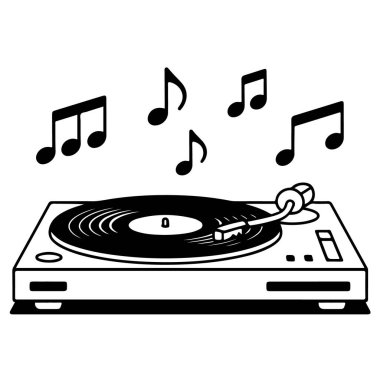 Müzik notaları olan bir pikabın tasviri, beyaz arka planda izole edilmiş, müzik veya eğlence temaları için mükemmel