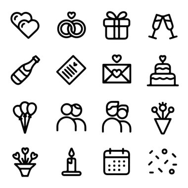 Düğün simgeleri beyaz arka plan, aşk, evlilik, kutlama ve romantizmle ilgili çizgi simgeleri koleksiyonuna izole edildi