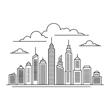 Gökdelenli beyaz arka planda bulutlarla izole edilmiş bir şehir silueti tasviri