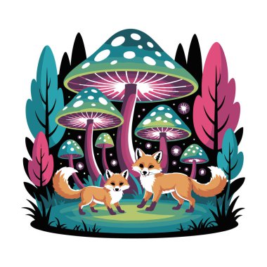 Parlayan mantarların ortasında iki tilkinin olduğu büyüleyici orman manzarası beyaz arka planda izole edilmiş tuhaf ve büyülü bir atmosfer yaratıyor.