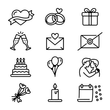 Siyah ana hatlı düğün ikonları koleksiyonu, kalp, yüzük, hediye, şampanya, beyaz arka planda izole edilmiş pasta
