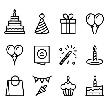 Grafik tasarım kullanımı için beyaz arkaplan üzerinde izole edilmiş vektör biçiminde doğum günü simgelerinin koleksiyonu