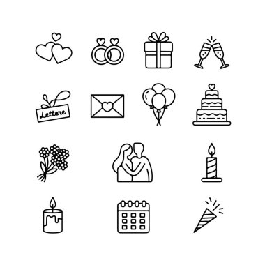 Grafik tasarım kullanımı için beyaz arkaplan üzerinde izole edilmiş vektör biçiminde düğün simgelerinin koleksiyonu