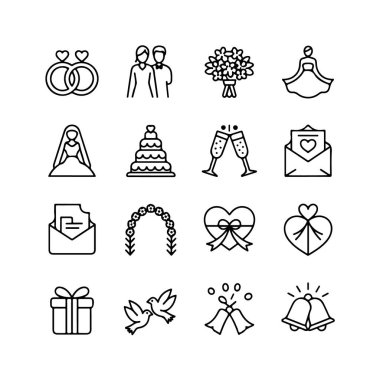 Düğün simgeleri, düğün tasarımı için doğrusal vektör simgelerinin beyaz arkaplan koleksiyonuna izole edildi