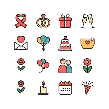 Beyaz arka plan kutlaması, aşk, evlilik ve ilişki tasarımı üzerine izole edilmiş düğün simgeleri.