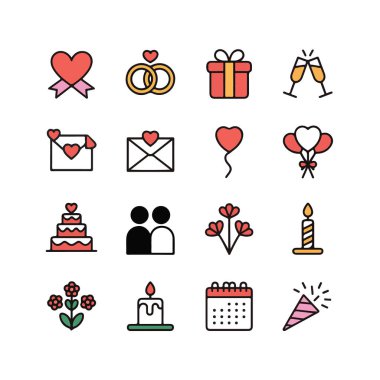 Beyaz arka plan kutlaması, aşk, evlilik ve ilişki tasarımı üzerine izole edilmiş düğün simgeleri.