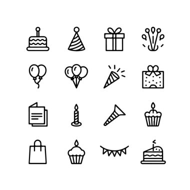 Beyaz zemin üzerinde izole edilmiş doğum günü partisi simgeleri, pasta, hediye, balonlar ve ana hatlarıyla parti hediyeleri dahil