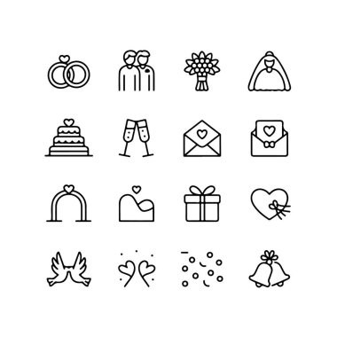 Yüzükler, çiftler, çiçekler, pasta ve şampanya gibi beyaz arkaplanda izole edilmiş düğün simgeleri