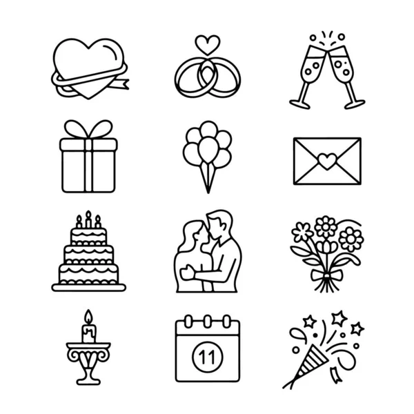 Beyaz arkaplanda izole edilmiş düğün simgeleri. Özel gün için davetiyeler ve dekorasyonlar için mükemmel.