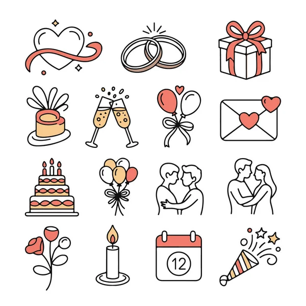 Beyaz arkaplanda izole edilmiş düğün simgeleri koleksiyonu, özel gün için davetiyeler ve dekorasyonlar için mükemmel