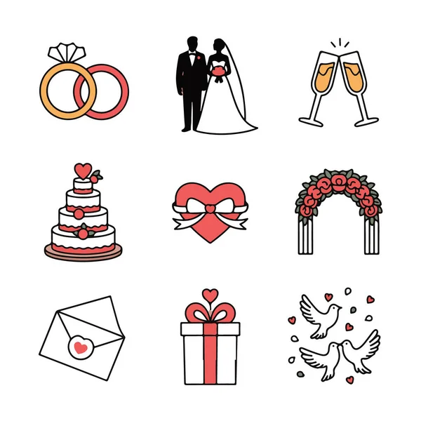 Düğün simgeleri, düğün konsepti ve tasarım için vektör çizgisi simgelerinin beyaz arkaplan koleksiyonuna izole edildi