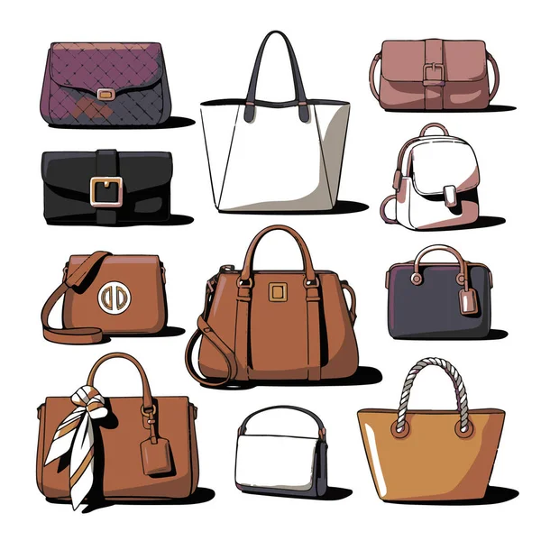 Beyaz arka planda izole edilmiş kadın çantaları koleksiyonu, kadınlar için moda bir aksesuar.