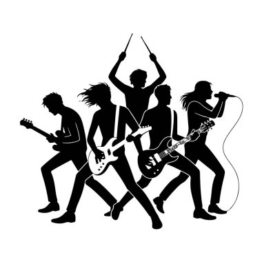 Birçok gitarist, bir davulcu ve bir şarkıcıyla sahneye çıkan bir rock grubunun silueti.