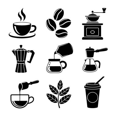 Çeşitli kahve hazırlama yöntemlerini gösteren kahve ikonları koleksiyonu