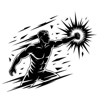 Güçlü süper kahraman enerji yayarak dinamik bir duruş sergiliyor.