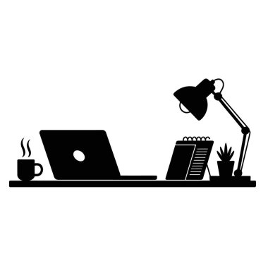 Ofis ve iş tasarımı projeleri için dizüstü bilgisayarı, lambası ve kahvesi olan bir masanın silueti