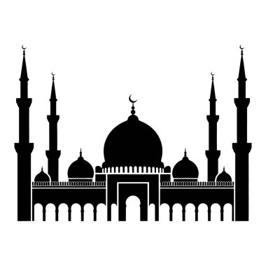 Ramazan Kareem Mübarek için birçok minare ve kubbesi olan büyük bir cami silueti.