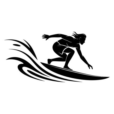 Yaz sporu ve eğlencesi için dalgalara binen bir sörfçünün silueti.