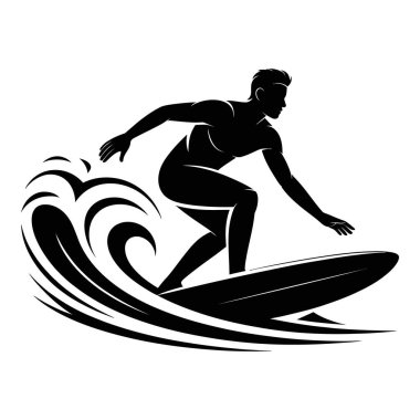 Bir sörfçünün silueti yetenek ve stil vektör çizimi ile bir dalgaya biniyor.
