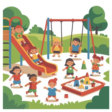 Çocukların kaydırağın, salıncağın ve kum havuzunun tadını çıkardığı canlı bir oyun alanı. Neşeli bir atmosfer yaratıyor.