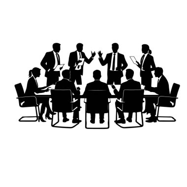 İş toplantısı silueti, beyaz arkaplan grubunda izole edilmiş bir şekilde masada oturup iş tartışan insanlardan oluşuyor.